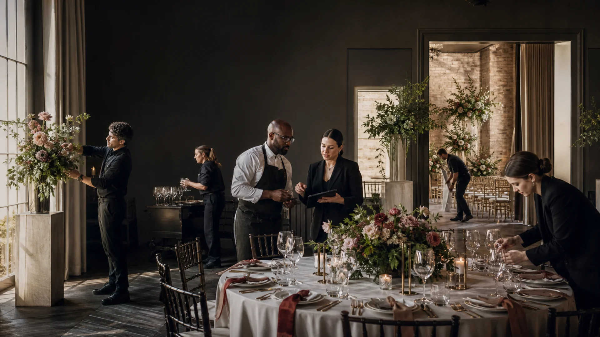 Venue, catering and floristry teams completing a coordinated wedding setup in London.