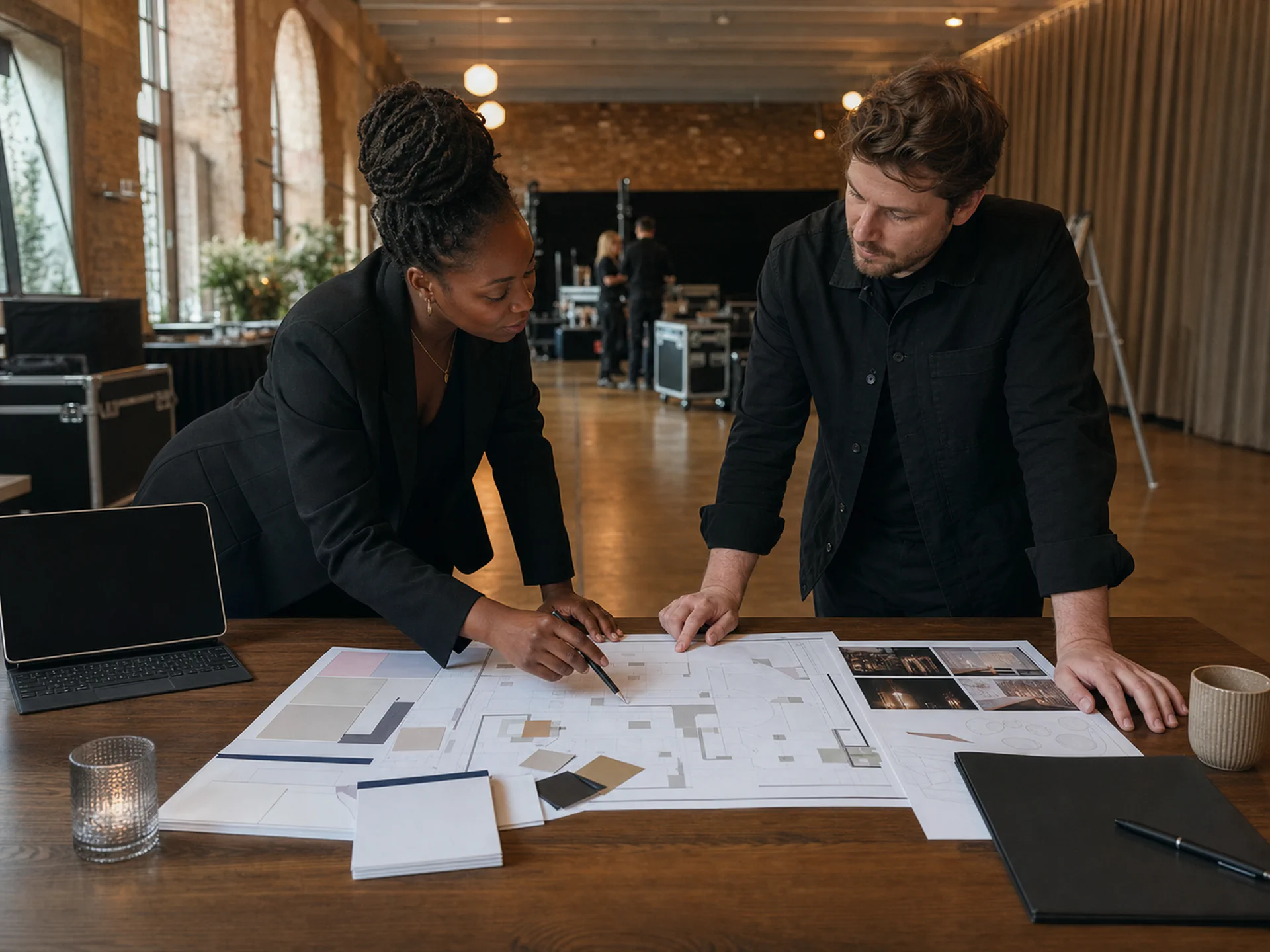 An event planner and producer reviewing an event plan at a venue