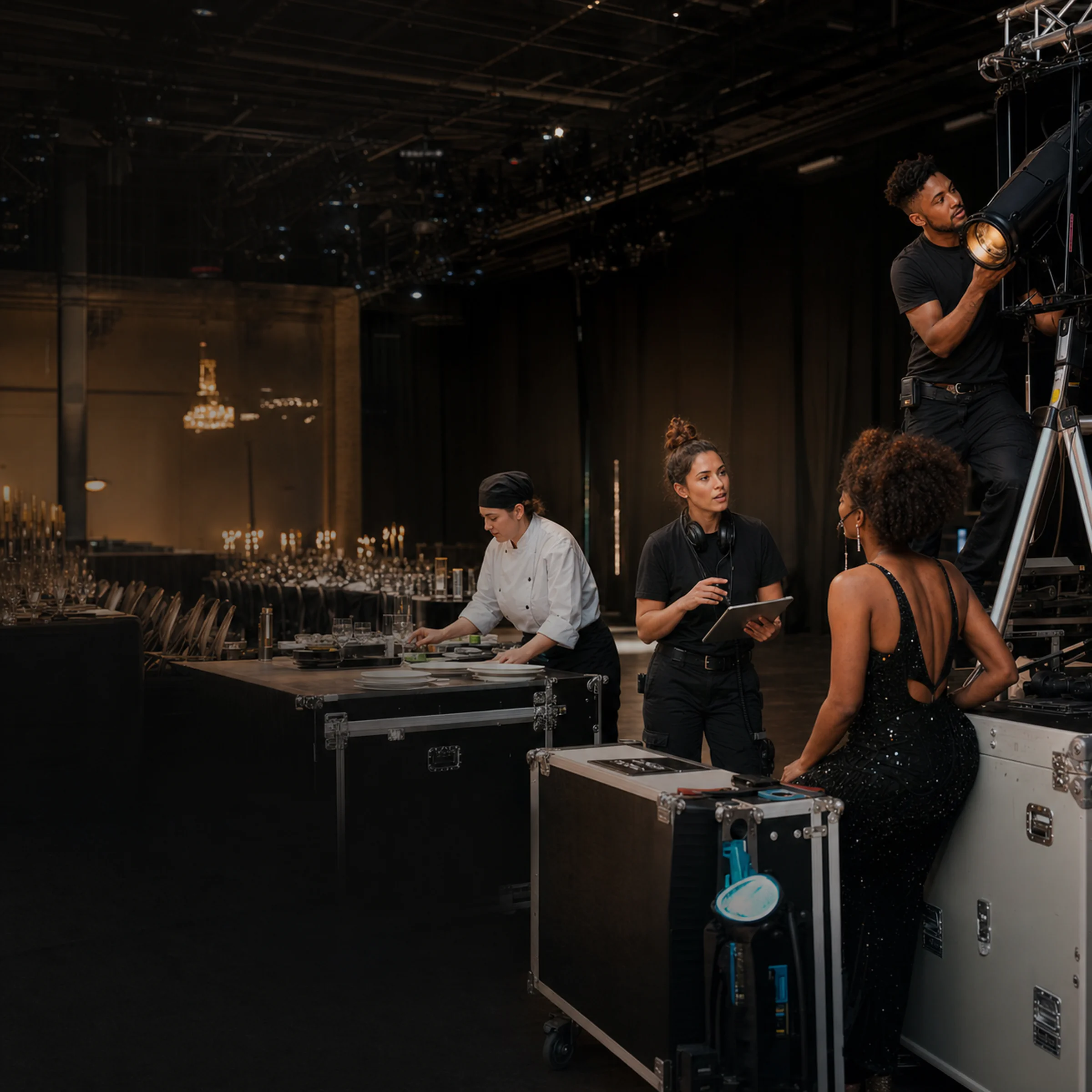 Event production professionals preparing a live stage.